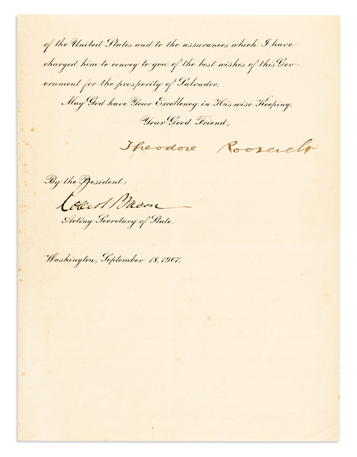 ROOSEVELT, THEODORE. Document Signed, as President, appointing Henry Percival Dodge Envoy Extraordinary and Minister Plenipotentiary to
